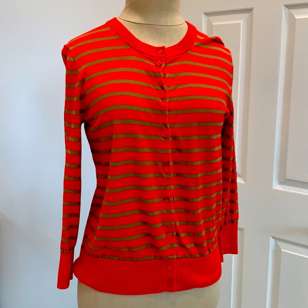 JCrew size S cardigan. 3/4 long sleeve. Bright orange red with tan stripes.